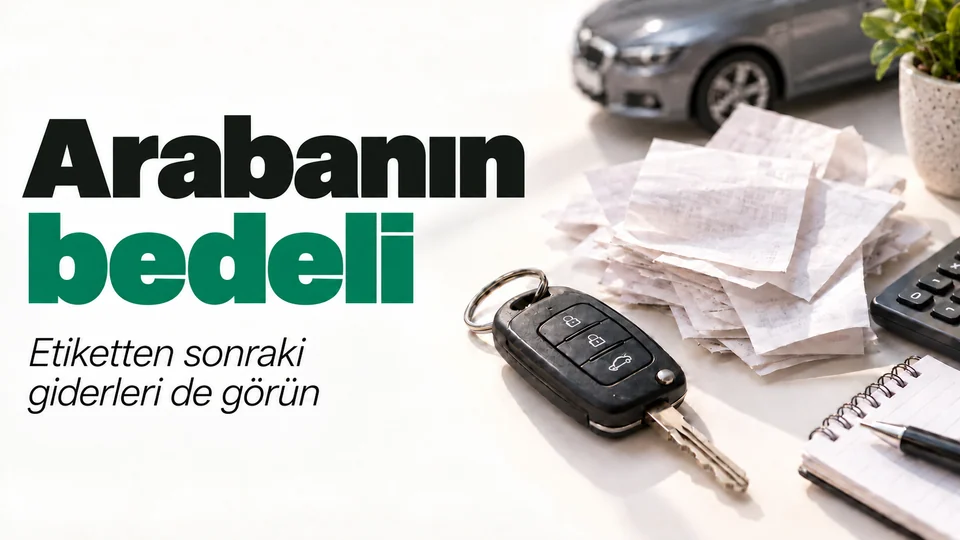 Arabanın bedeli başlıklı kişisel finans kapağı; Araba anahtarı ve fişler.