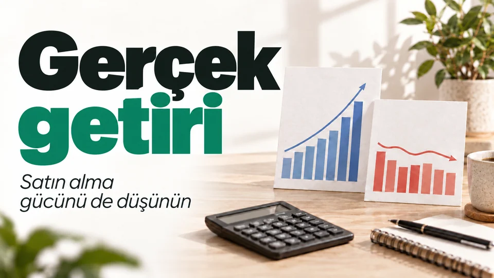 Gerçek getiri başlığı; açık masada yükselen ve düşen grafik kartları ile hesap makinesi.