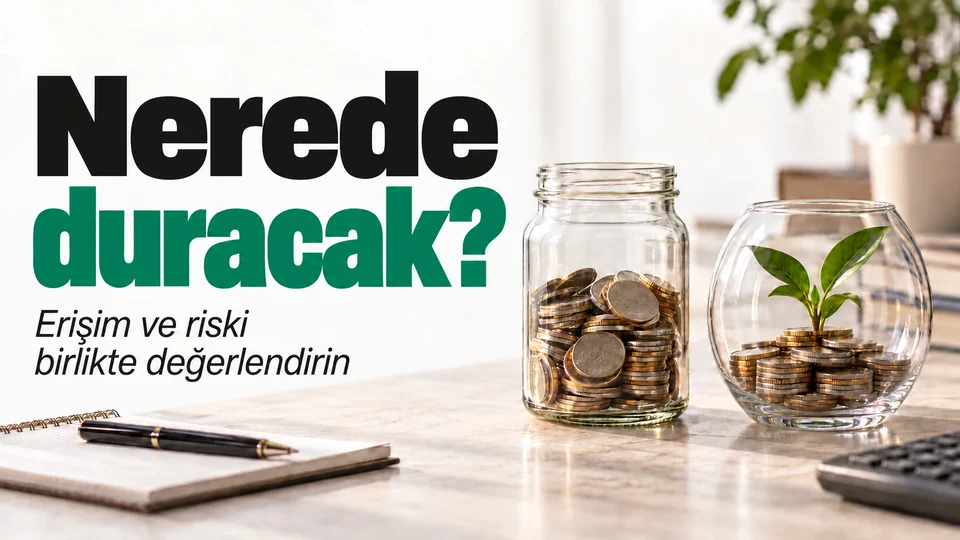 Nerede duracak? başlığı; birinde bitki bulunan, madeni para dolu iki cam kap.