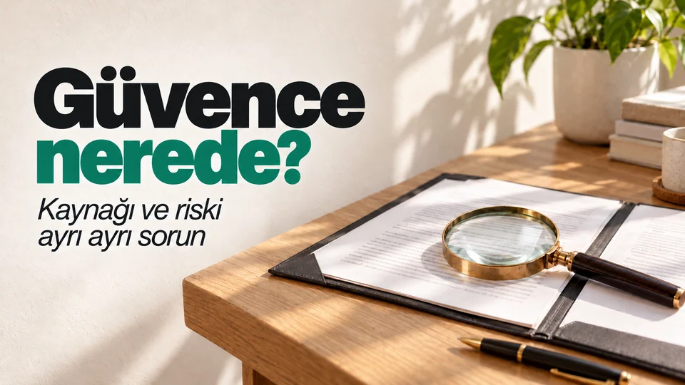 Güvence nerede? başlığı; doğal ahşap masada açık sözleşme dosyası ve büyüteç.