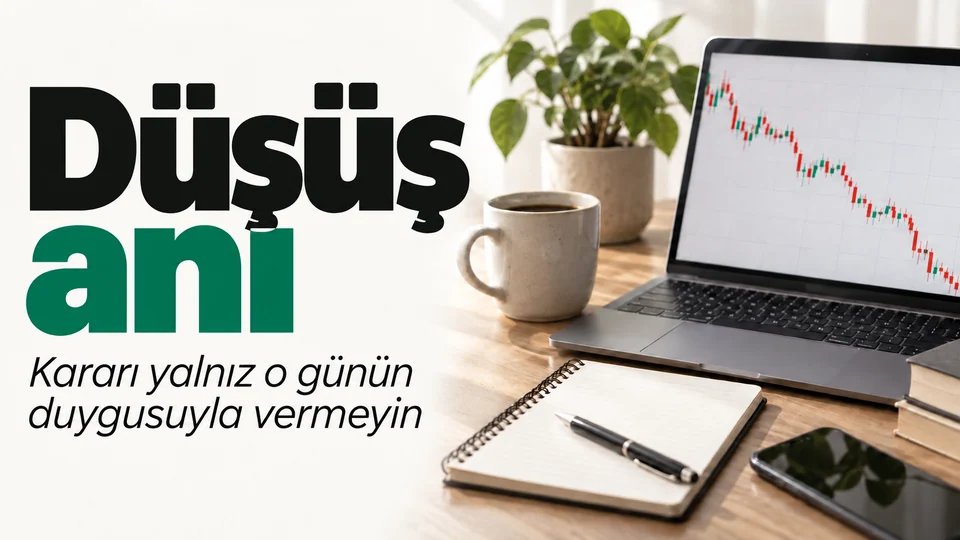 Düşüş anı başlıklı kişisel finans kapağı; Düşen grafik ve not kartı.