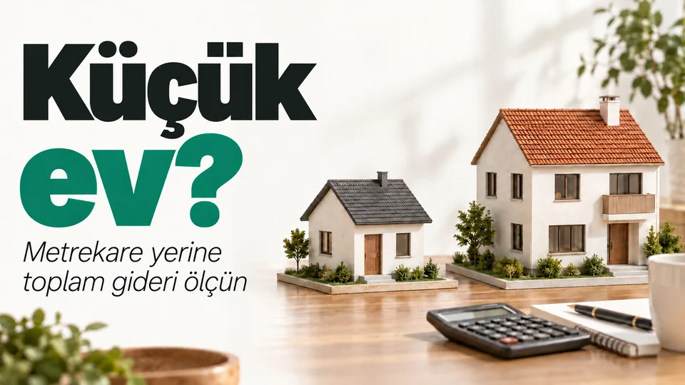 Küçük ev? başlıklı kişisel finans kapağı; İki ev maketi.