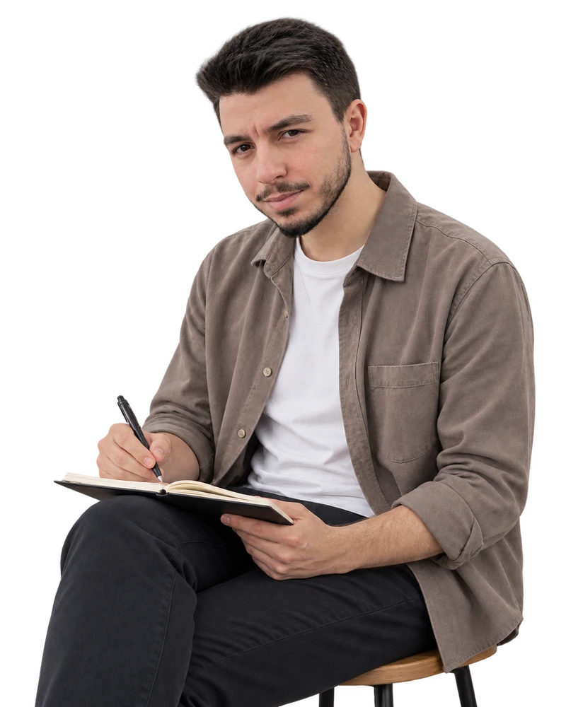 Murat Kendugan, elinde defter ve kalemle